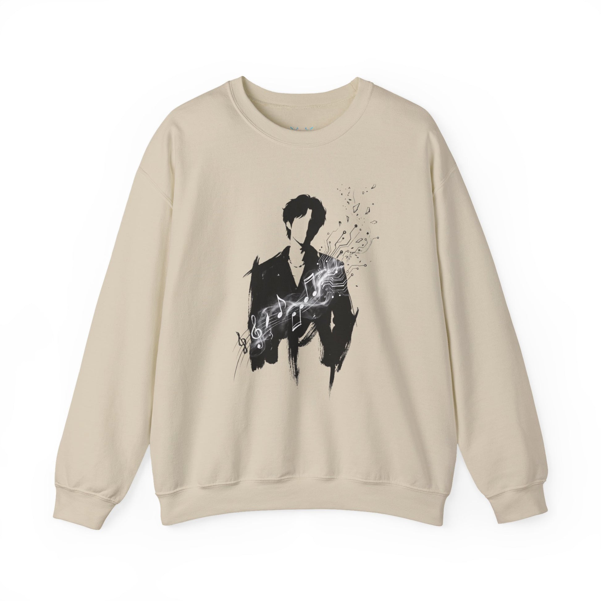 Black and white artistic illustration of Lee Jae-Min with music notes transforming into digital circuitry, symbolizing data into emotion, official K-pop idol merch design