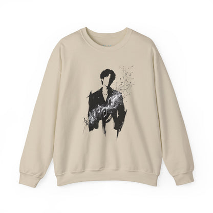 Black and white artistic illustration of Lee Jae-Min with music notes transforming into digital circuitry, symbolizing data into emotion, official K-pop idol merch design